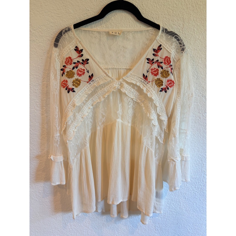 POL Floral Embroidered Ivory White Lace Womens S Blouse Bell Sleeve Top
